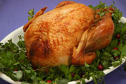 Brined, Roast Turkey recipe by Linda Carucci. Thanksgiving dinner holiday feast.