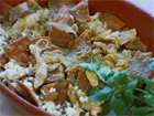 Mexican Chilaquiles poblanos finished recipe dish.