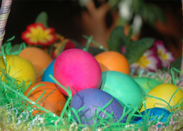 Colored Easter eggs in a basket
