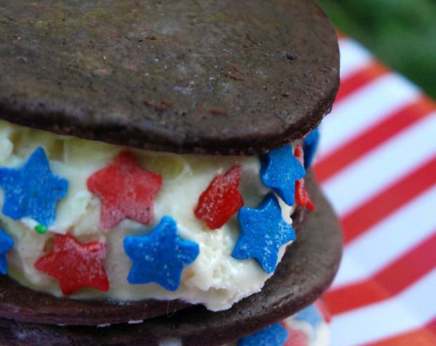 Chocolate wafer ice cream sandwich with star sprinkles
