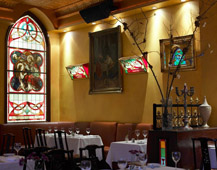 Stained glass window over the dining room at O'Reilly's Holy Grail Irish restaurant in San Francisco, CA.