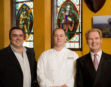 Fiachra O'Shaughnessy, Seán Canavan, and Myles O'Reilly at O'Reilly's Holy Grail Irish restaurant in San Francisco, CA.