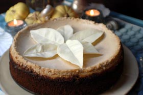 Pumpkin White Chocolate Cheesecake recipe. Thanksgiving dinner holiday feast recipes.